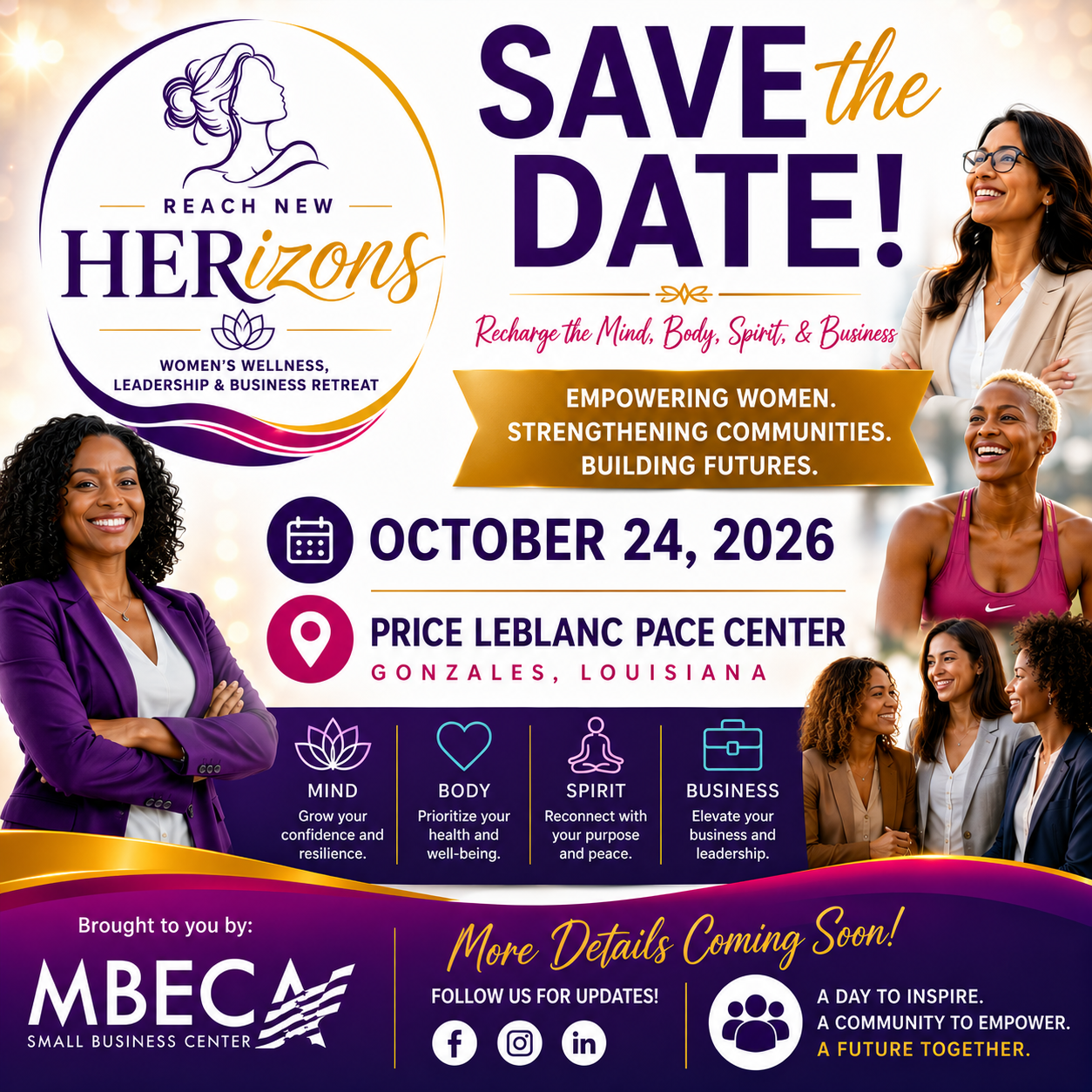 Reach New HERizons event visual with date, location, and retreat themes